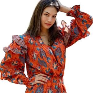 BINDU Sabrina‎ Top in Terracotta Boho Made in India  sz Lg